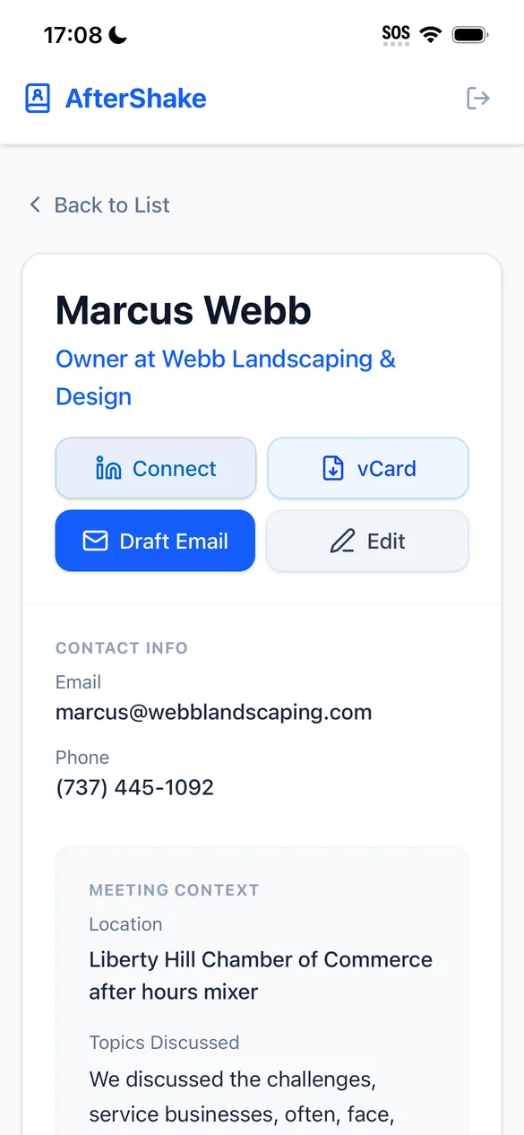 Contact detail screen with meeting context